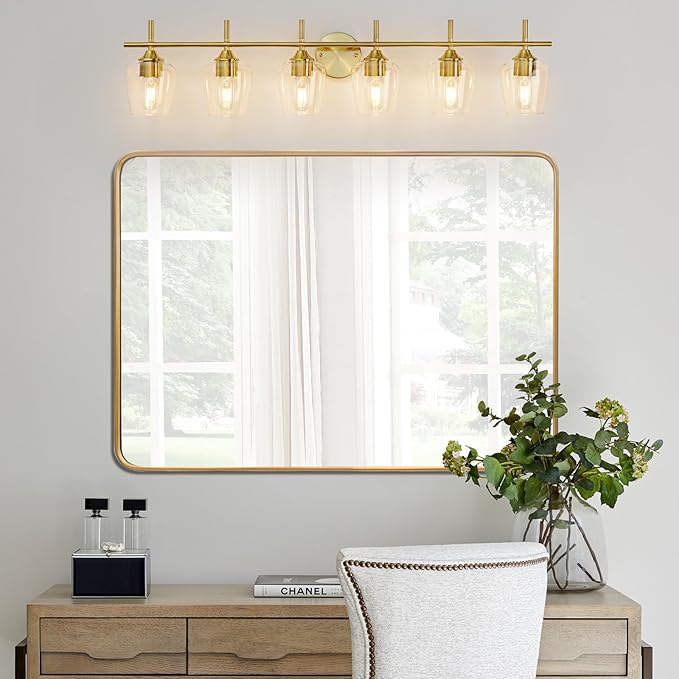 Bathroom Vanity Light Fixtures, Bathroom 6-Lights Over Mirror Modern Vanity Lighting with Clear Wine Glass Shade Wall Lamp for Bedroom Hallway Living Room (Gold, 6-Light)