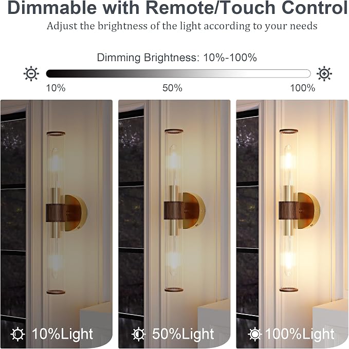 Morauroral Gold Walnut Battery Operated Wall Sconces Set of 2, Rechargeable Wall Lights with Remote, 20 Inch Modern Wireless Wall Lamp for Bedroom, Living Room (Bulbs Included)
