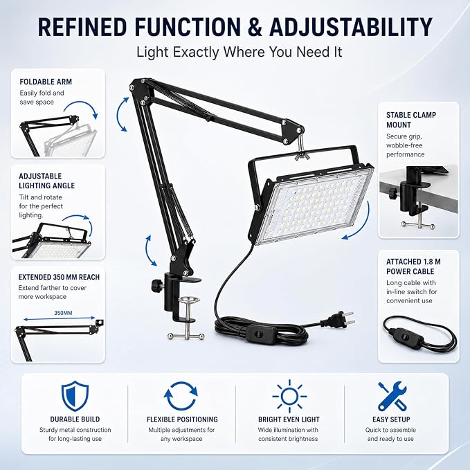 LED Work Bench Light, Adjustable Swing Arm Clamp Flood Light, Plug in Task Lamp for Garage Workshop Craft
