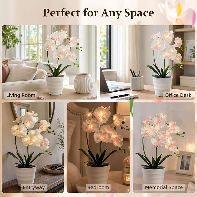 Orchid Artificial Flowers Lamp LED Night Light Home Decor | realistic orchid design, soft warm led glow, artificial flowers decor, night light, bedroom decor, desk lamp, home decoration