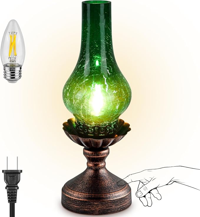 Vintage Table Lamp with Green Crackle Glass Shade,Touch Control & 3-Way Dimmable Rustic Retro Farmhouse Bedside Lamp for Bedroom, Living Room, Cabin, Office (2700K LED Candle Bulb Included)