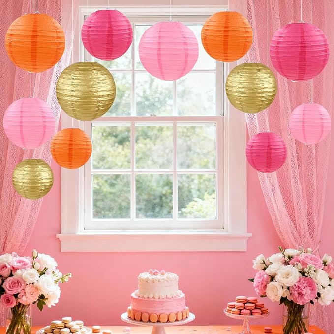 Pink Orange Gold Paper Lanterns Party Decorations, Round Hanging Paper Lanterns for Wedding Birthday Home Classroom Party Supplies (12 PCS)