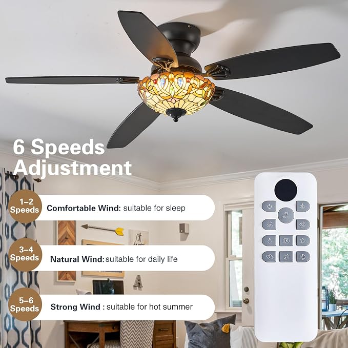 Ceiling Fans with Lights-52 Ceiling Fan Chandelier and Glass Shade | 52" Ceiling Fan Chandelier with 5 Dual-Blades and Glass Shade, 6 Speeds and Reversible, Indoor and Outdoor, Retro Style