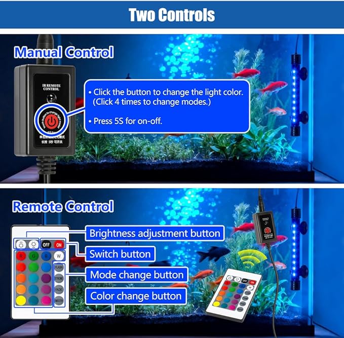 LED Aquarium Light with IP68 Waterproof and Memory Function Submersible Fish Tank Light with Remote and 16 Colors 7.5 Inches Brightness Adjustable Underwater Light Bar for Fish Tank Aquarium