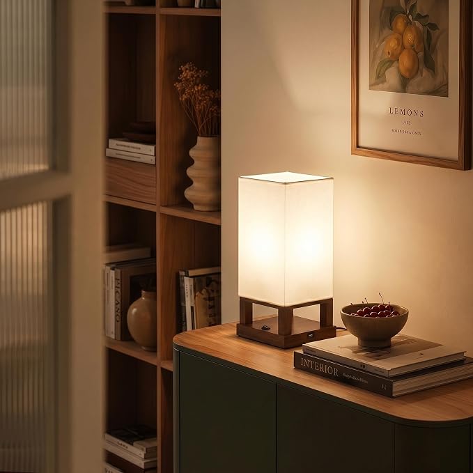 Brightech Maxwell Bedside Lamp with USB Port – Compact Table Lamp for Bedroom, Living Room - Modern Asian Nightstand Lamp with Wood Frame - LED Bulb, Soft Light - Havana Brown