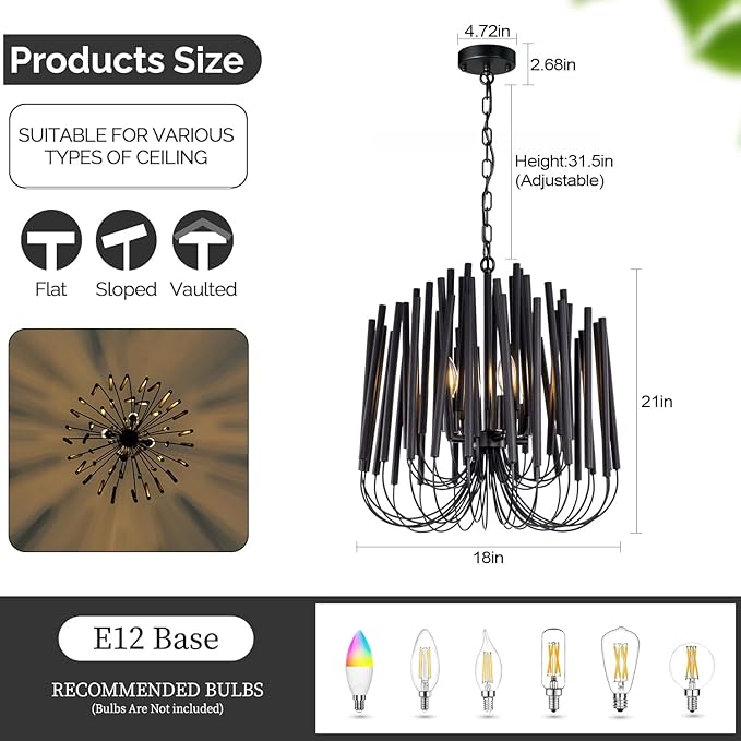 TOCHIC Modern Farmhouse Chandelier for Dining Room 18", Small Vintage Black Wood Chandeliers Light for Living Room, Rustic Pendant Lighting Fixture Ceiling Hanging for Foyer Bedroom Entryway