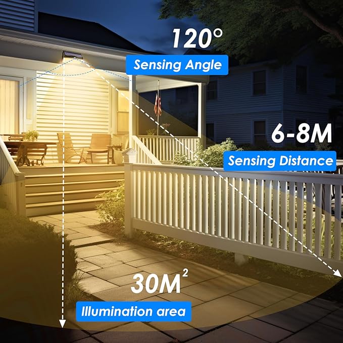 368 LED Solar Motion Sensor Lights Outdoor, Solar Fence Lights with 3 Lighting Modes, Solar Powered Security Lights Waterproof for Outside Yard Wall Garden Backyard Step, Warm White
