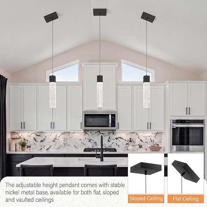 Pendant Lights Kitchen Island, 6500K Modern Kitchen Island Lights Brushed Black, 3 Pack Ceiling Lighting Fixtures with Crystal Bubble, Island Lights for Kitchen Dining Room Bedroom Hallway