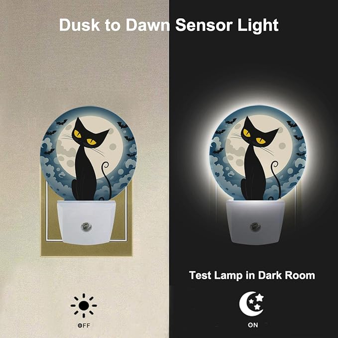 Plug in Fantasy Funny Cat Night Light Full Moon Bats Black Cat Fun Animal Plug-in Nightlight Auto On/Off Dusk to Dawn for Bedroom Bathroom Staircase Home Decor, LEDLAMP3013