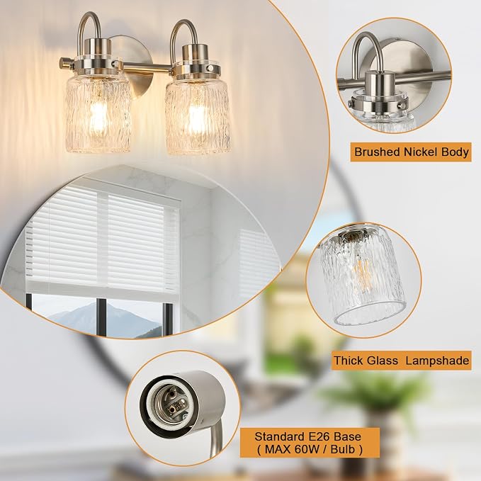 2 Lights Hammered Glass Bathroom Vanity Light,Brushed Nickel | Easy Installation,Up or Down,Farmhouse Modern Style,E26 Socket,ETL Certification