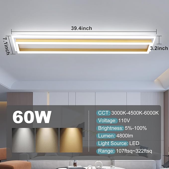 Dimmable Led Ceiling Light with Remote Control Modern Linear Flush Mount Ceiling Lighting Fixture Acrylic Long Ceiling Lamp for Living Room Kitchen Dining Room Hallway (Gold,39.3inch)