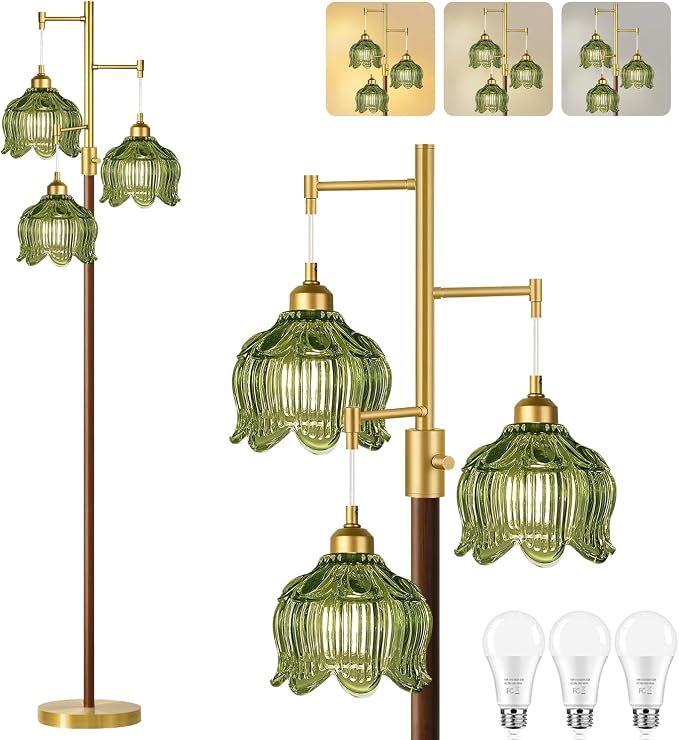 ZECOXOL Wood Floor Lamps for Living Room Bedroom-Rustic Glass Floor Lamp with Three Led Bulb, Modern Mid Century Standing Lamp Brass Vintage Tall Lamp Gold Tree Floor Lamp for Bedroom Corner