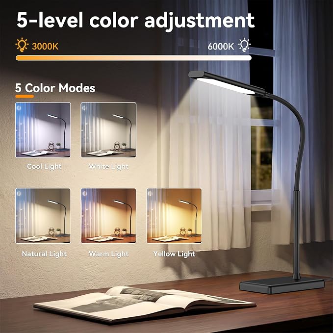 LED Desk Lamp, Eye-Caring Table Lights for Home Office | Touch Control Desk Lamp, 5 Color & 6 Brightness Levels Dimmable Lamp with Memory Function 1h Timer