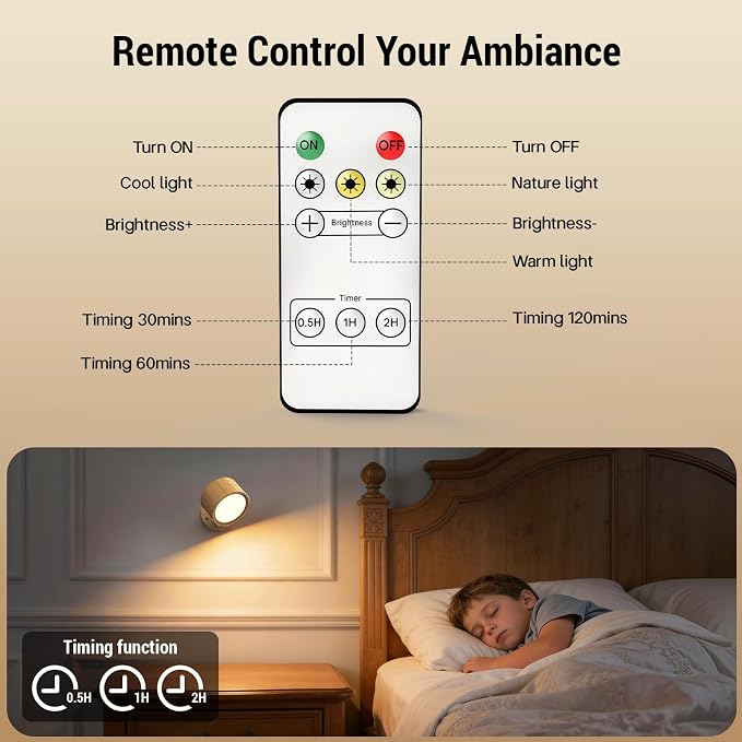 LED Wall Sconces, 160H Battery Life, Rechargeable Cordless Mounted Lights, 3 Color & 4 Brightness Level & 360°Rotate Magnetic Ball & Touch or Remote, for Reading Bedroom (Wood)