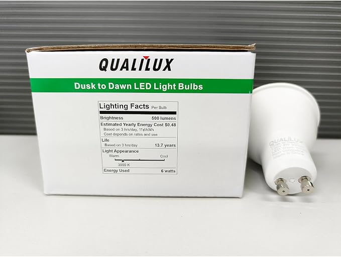 Qualilux MR16 GU10 Dusk to Dawn Light Bulbs, Warm White 3000K, 50W Equivalent, 500LM, Auto On/Off Light Sensor Bulb, Non-dimmable, LED 6W 4 Pack, HQ-H044