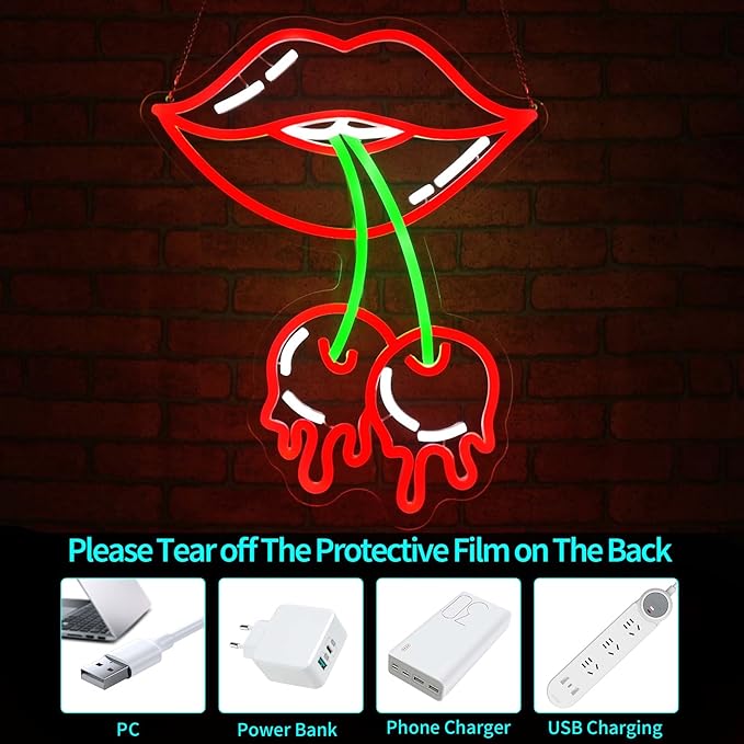 Cherry Lips Neon Sign, JGHTURIE Red Led Neon Signs for Wall Decor USB Powered Bar Lights Signs for Room Man Cave Party Art Decoration