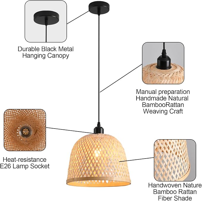 3-Pack Bamboo Pendant Light Mini Rattan Chandelier | 9.8" Boho Bamboo Rattan Pendant Lights,Hand Woven Rattan Chandelier for Kitchen Island Dining Bedroom Living Room