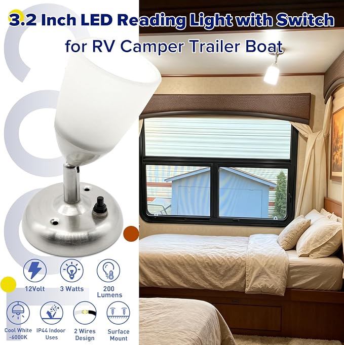 RV Reading Light LED RV Lights Interior with Switch 12v Wall Mount Light Compatible with Trailer Cargo Van Camper Lights for Inside 3W 200 Lumens 6500K Cool White Bedroom Lighting, 2-Pack