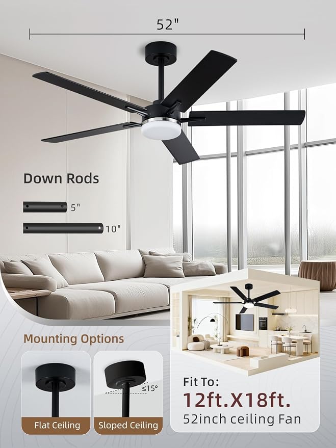 LANMEL Metal Ceiling Fan with Lights and Remote, 52 Inch, Silver & Black | Modern Low Profile Flush Mount, Reversible, 3CCT Dimmable, Quiet, LED, For Bedroom, Living Room, Indoor/Outdoor Patio Use