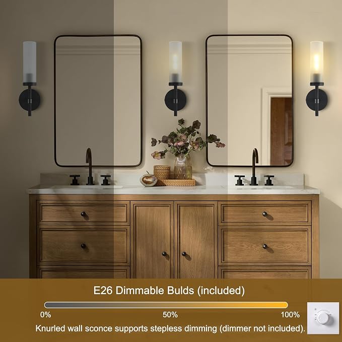 15" Hardwired Frosted Glass Bathroom Wall Sconces, Handmade Knurled Black Wall Light Fixture,Modern Vanity Lights, for Living Room,Hallway, Bedroom,Mirror, Indoor Sconces