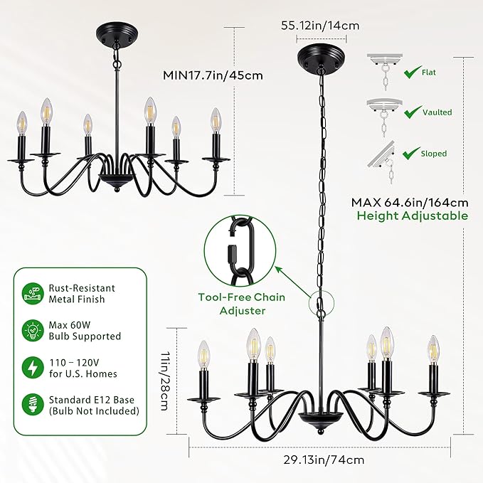 Rustic Farmhouse Candle Chandelier for Dining Room, 6-Light Rustic Black Iron Light Fixture with Classic S-Arm Design for Kitchen Island, Living Room, Foyer-Matte Black