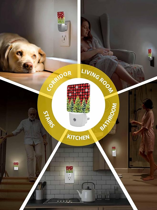 Christmas Night Lights Plug into Wall LED Night Light Christmas Tree with Bow Snowflake Red Plaid Automatic Dimmable Dusk-to-Dawn Square Shaped Smart Nightlight for Bathroom/Bedroom