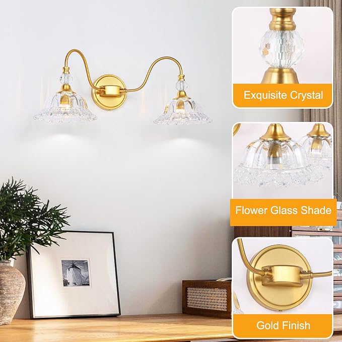 Gold Bathroom Vanity Light Fixtures 2 Lights Vanity Lights for Bathroom with Floral Crystal Glass Shade Modern Wall Lighting Fixtures Over Mirror(Exclude E26 Bulb)