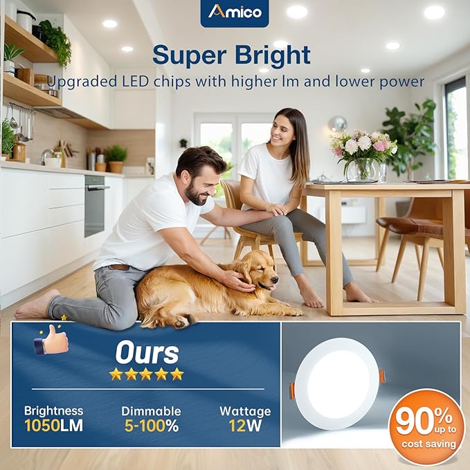 Amico 20 Pack 6 Inch 5CCT Ultra-Thin LED Recessed Ceiling Light with Junction Box, 2700K/3000K/3500K/4000K/5000K Selectable, 12W Eqv 110W, Dimmable Can-Killer Downlight, 1050LM Wafer Lighting - ETL
