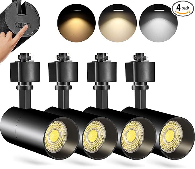 VANoopee 3-Color 10W H Track Lighting Heads Dimmable LED Track Light Heads Bright Rail Ceiling Spotlight Fixtures Accent Task, 3000K 4000K 5000K, Flicker Free CRI90+ 36° 1000lm, Matte Black, Pack of 4