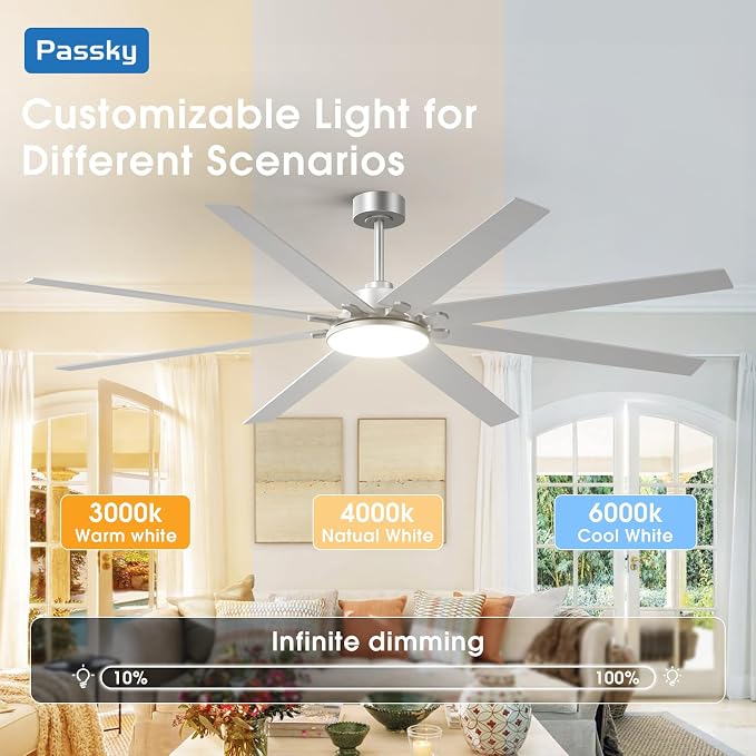 80 Inch Ceiling Fans with Lights and Remote, Nickel Modern Ceiling Fan | Reversible DC Motor, Timer, 3CCT, Dimmable, Quiet, Ceiling fan For Living Room, Patio Farmhouse, Indoor/Outdoor