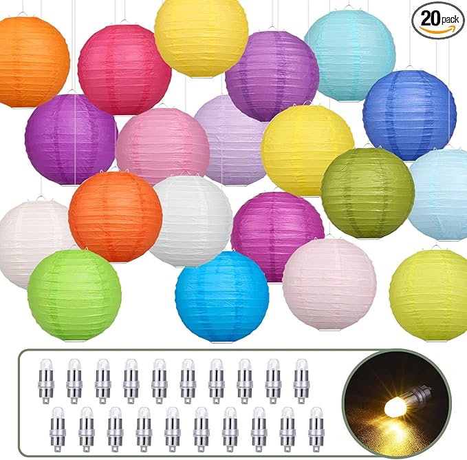 LIHAO 20PCS Colorful Paper Lanterns with Lights, Hanging Chinese Paper Lanterns for Party Decorations Weddings Birthday New Year Outdoor Home Indoor (8 inches)
