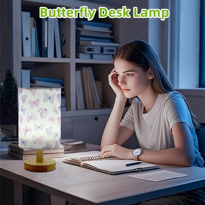 Butterfly Kids Table Lamp for Bedroom Kids Bedside Lamps 3 Colors Dimmable Nightstand Night Light with Cartoon Flaxen Fabric Shade Desk Lamp for Girls Boys Room Nursery Decor,Butterfly Gifts for Girls