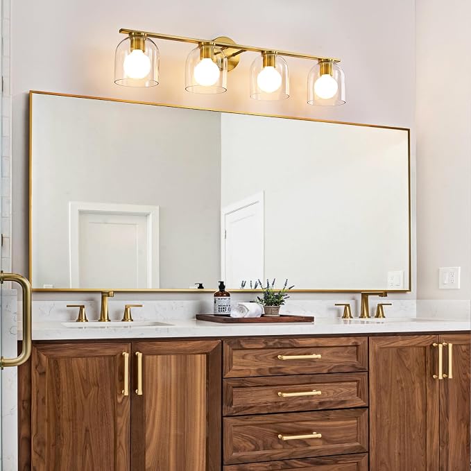 WOSHITU Bathroom Vanity Light Fixtures: 32.3 Inch Modern Brushed Gold Bathroom Light Fixtures Over Mirror with Clear Glass Shade, 4-Light Bathroom Lights Above Mirror