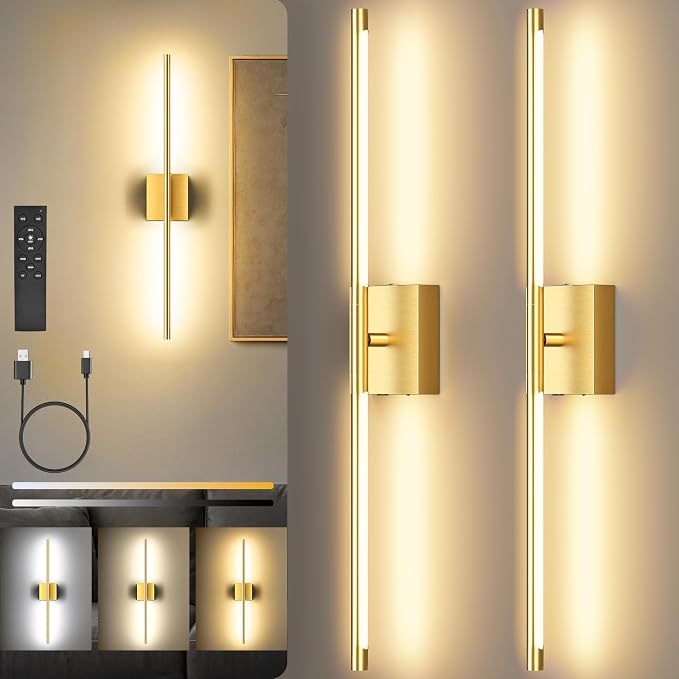 10000mAh Battery Operated Wall Sconces Set of 2, Gold, 29 Inch, 3CCT | Renter Friendly, Rechargeable Wall Lights, Remote Control, 360° Rotate, Dimmable, LED Cordless Lights for Bedroom Living Room