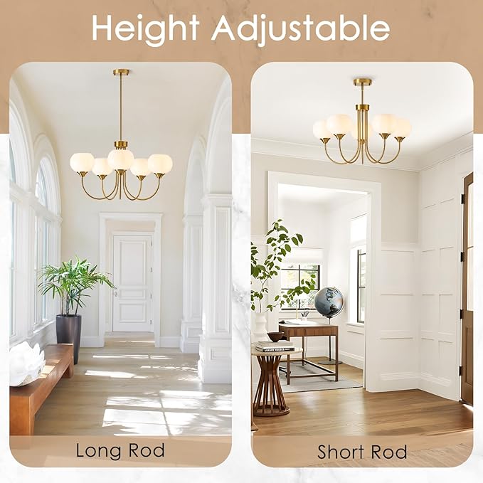 Modern Globe Chandelier 5 Light Mid Century White Milk Glass Vintage Sputnik Hanging Chandeliers Gold Pendant Light Fixtures for Dining Room Kitchen Living Room Bedroom