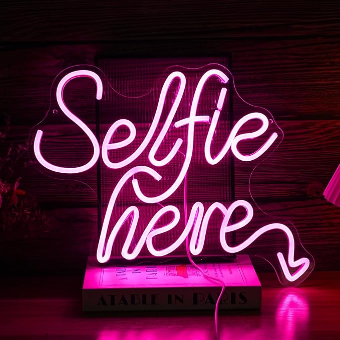 Selfie Here Neon Sign Dimmable Pink Words Light Up Sign for Wall Decor Selfie Led Neon Light for Selfie Station Photo Studio Bedroom