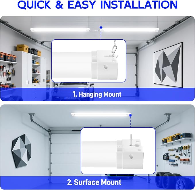 hykolity LED Shop Lights 4FT with Power Cord,5500LM,3 Power Level&3CCT | Shop Light 4000/5000/6500K Tunable,25/34/42W Switchable,Linkable Hanging/Surface Mount Shop Lights for Workshop,Garage,4 Pack