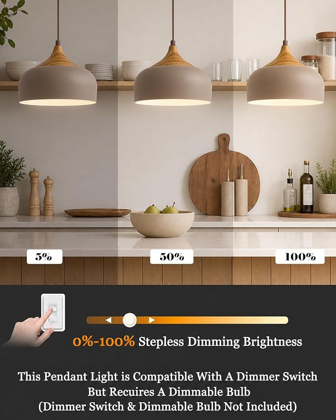 ELYONA 12" Japandi Pendant Light, Farmhouse Pendant Light Fixture with Faux Pine Wood Grain Metal Shade, Adjustable Hanging Light for Kitchen Island Dining Room Bedroom Sloped Ceiling, Caramel Brown