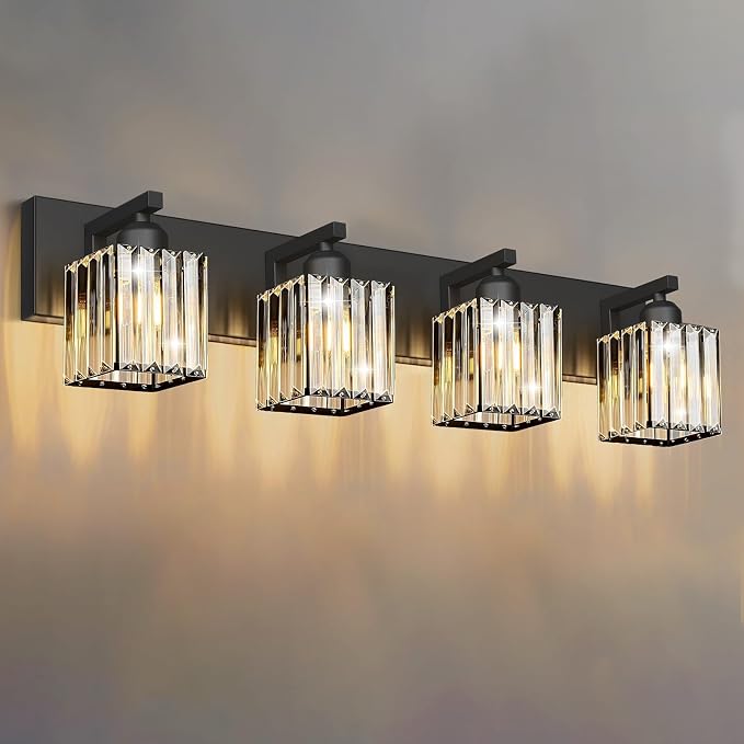 Black Crystal Bathroom Vanity Light, 4-Light Modern Bathroom Lighting Fixtures Over Mirror, Matte Black Wall Sconce Light Fixtures with Square Shade