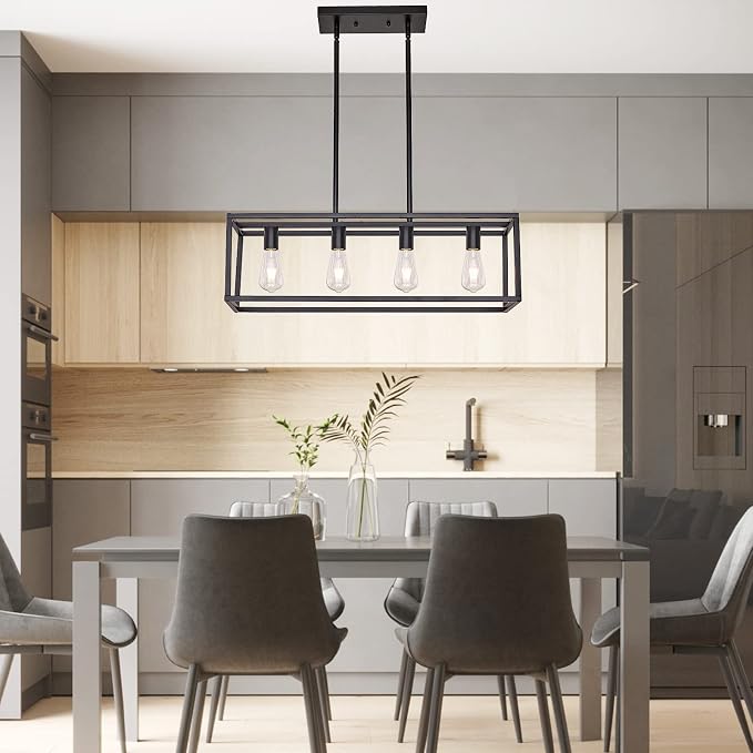 Farmhouse Rectangle Chandeliers for Dining Rooms, Modern Linear Hanging Light Fixture Matte Black 4-Light Industrial Pendant Lighting for Kitchen Island