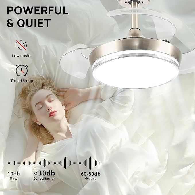 STERREN 30" Retractable Ceiling Fans with Lights, Dimmable LED Ceiling Fan Remote Control, Modern Small Fan Light for Bedroom Living Room Dinning Room Kitchen, 3000K-6500K, 6 Speed (Brushed Nickel)