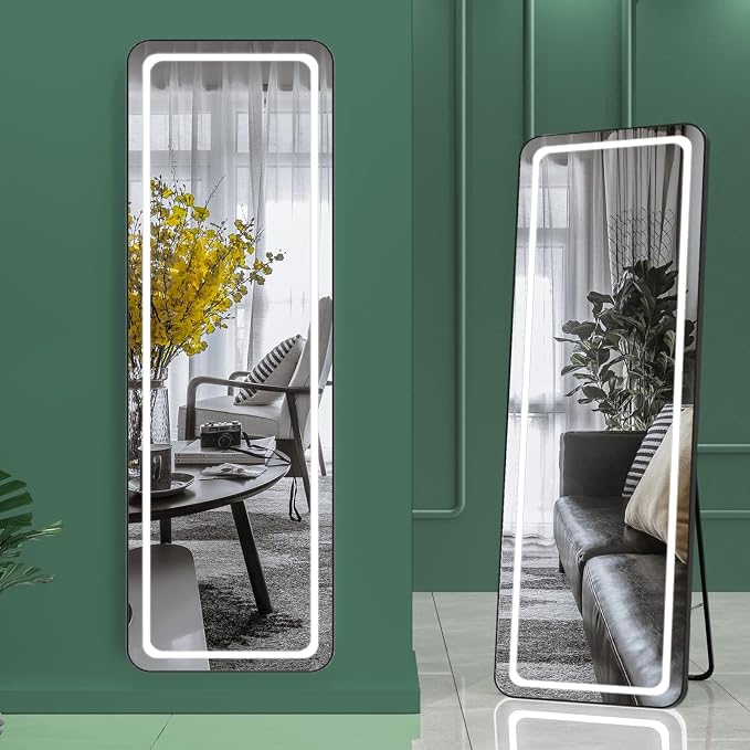 Hasipu Full Length Mirror with Lights, 56" x 16" LED Floor, Full Body Dressing Standing, Hanging Mounted Mirror, Round Black