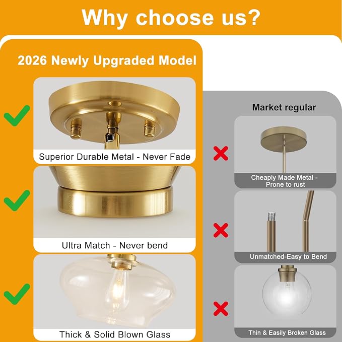 Modern Pendant Lights Kitchen Island, Brushed Gold Pendant Light Fixtures with 11" Clear Glass Shade, Industrial Hanging Pendant Lights Fixture for Kitchen Island Dining Room Bedroom Hallway Entryway