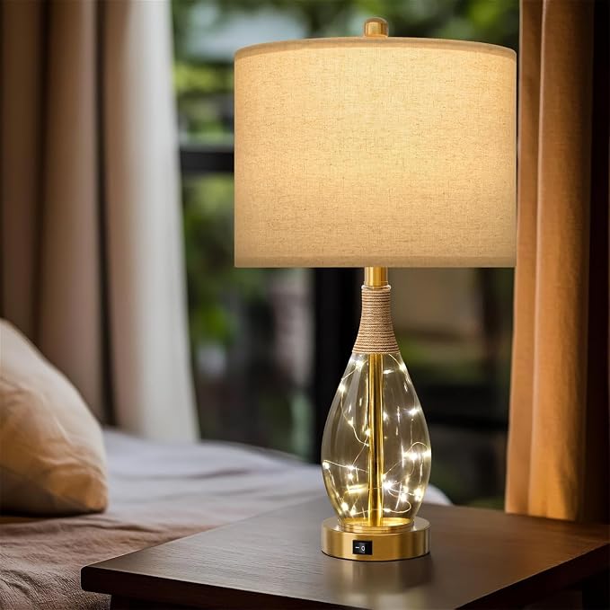 23" Table Lamps for Living Room Set of 2 Bedside Lamps for Night Stands Bedroom Lamps Farmhouse Rattan Boho Lamp Glass Nightlight End Table Lamp with USB C+A (Gold),Two Light Points