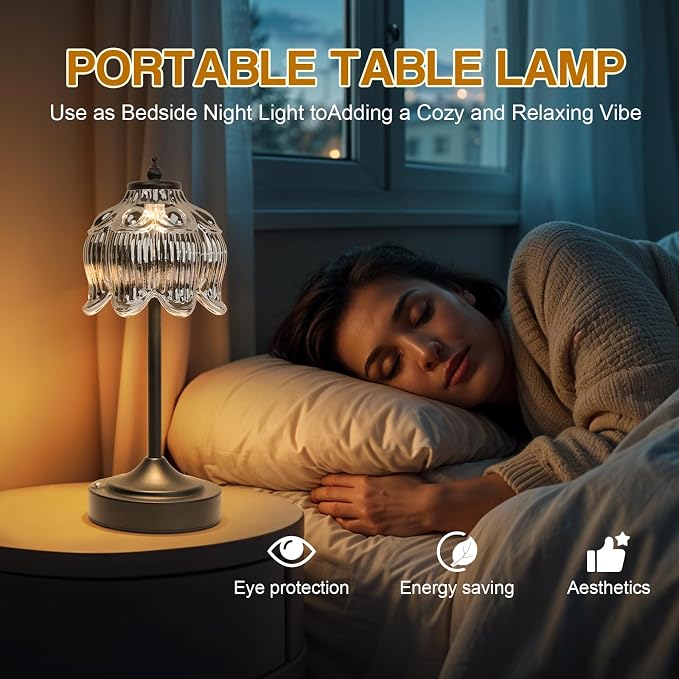Cordless Table Lamp, Rechargeable Black Glass Lotus Flower Lamp | 5200mAh touch lamp with 3 color modes and stepless dimming, battery operated lamp for nightstands and kitchen counters