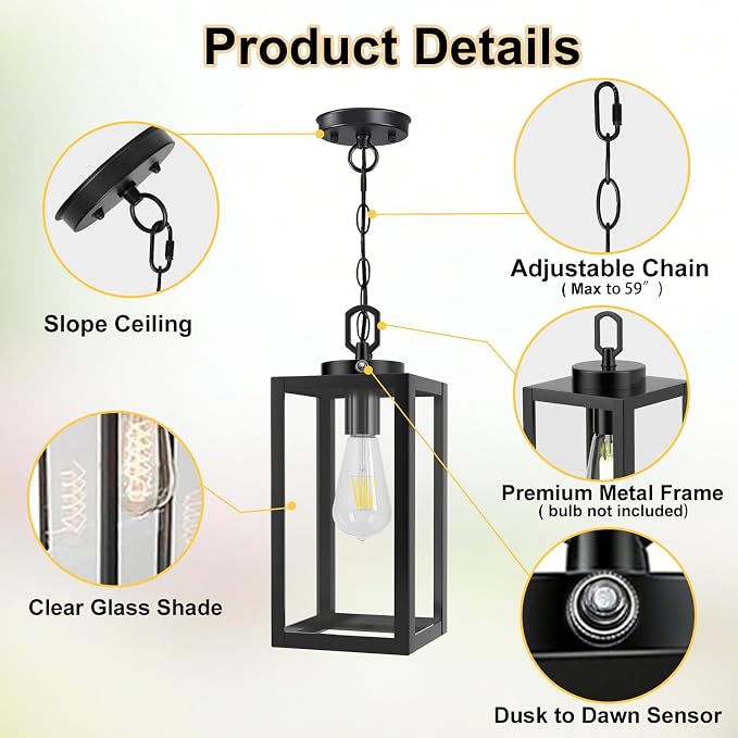 13" Dusk to Dawn Outdoor Pendant Light,Exterior Outside Chandelier Hanging Lantern Light, Matte Black with Clear Glass for Front Door,Porch, Gazebo, Garden.