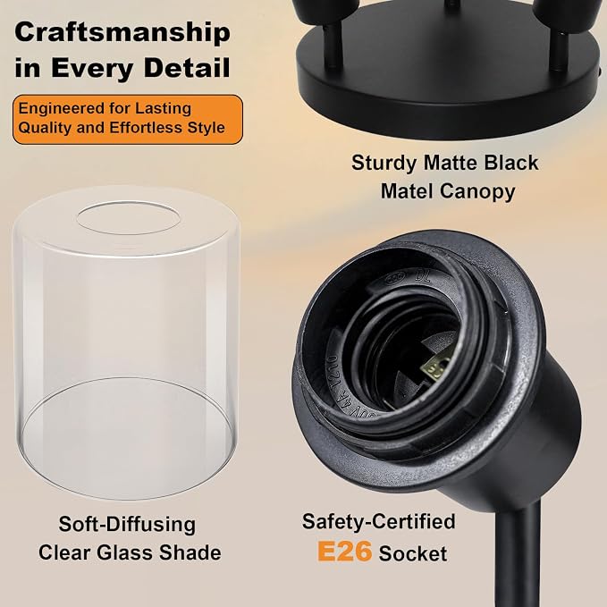 HiBay 3-Light Track Lighting Fixtures Ceiling Glass Directional Spotlight | Round 3 Heads with Glass Shades, Black Farmhouse Industrial, for Dining Area, Entryway, Closet, E26 Base