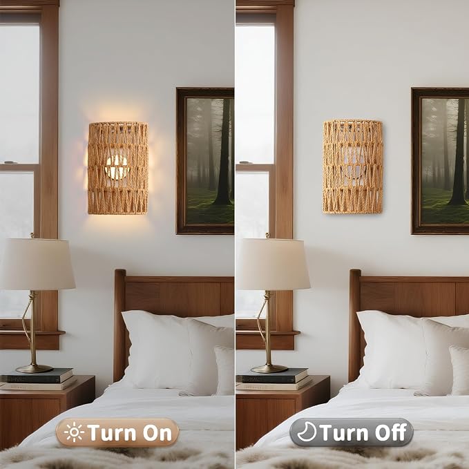 Battery Powered Wall Sconce, Rattan Rechargeable Wall lamp, Bohemian Wall Sconces with Remote Control RGB Dimmable, Wireless Wall Sconce Set of 2 for Bedroom, Hallway, Living Room