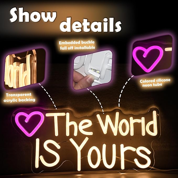 The World IS Yours neon sign, suitable for classroom wall decoration, back-to-school season, graduation season, student gifts. Dimmable, USB powered, pink heart-shaped inspirational neon light.