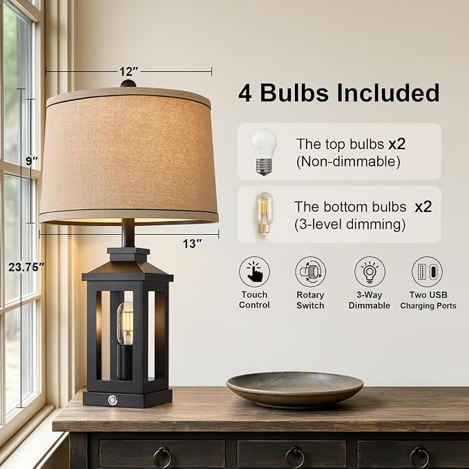G-SAFAVA 23.75" Retro Farmhouse Black Table Lamp for Living Room Bedroom Nightstand Set of 2 Touch Control Bedside Nightlight Vintage Modern Lamp with USB C+A Ports and 2 Light Sources